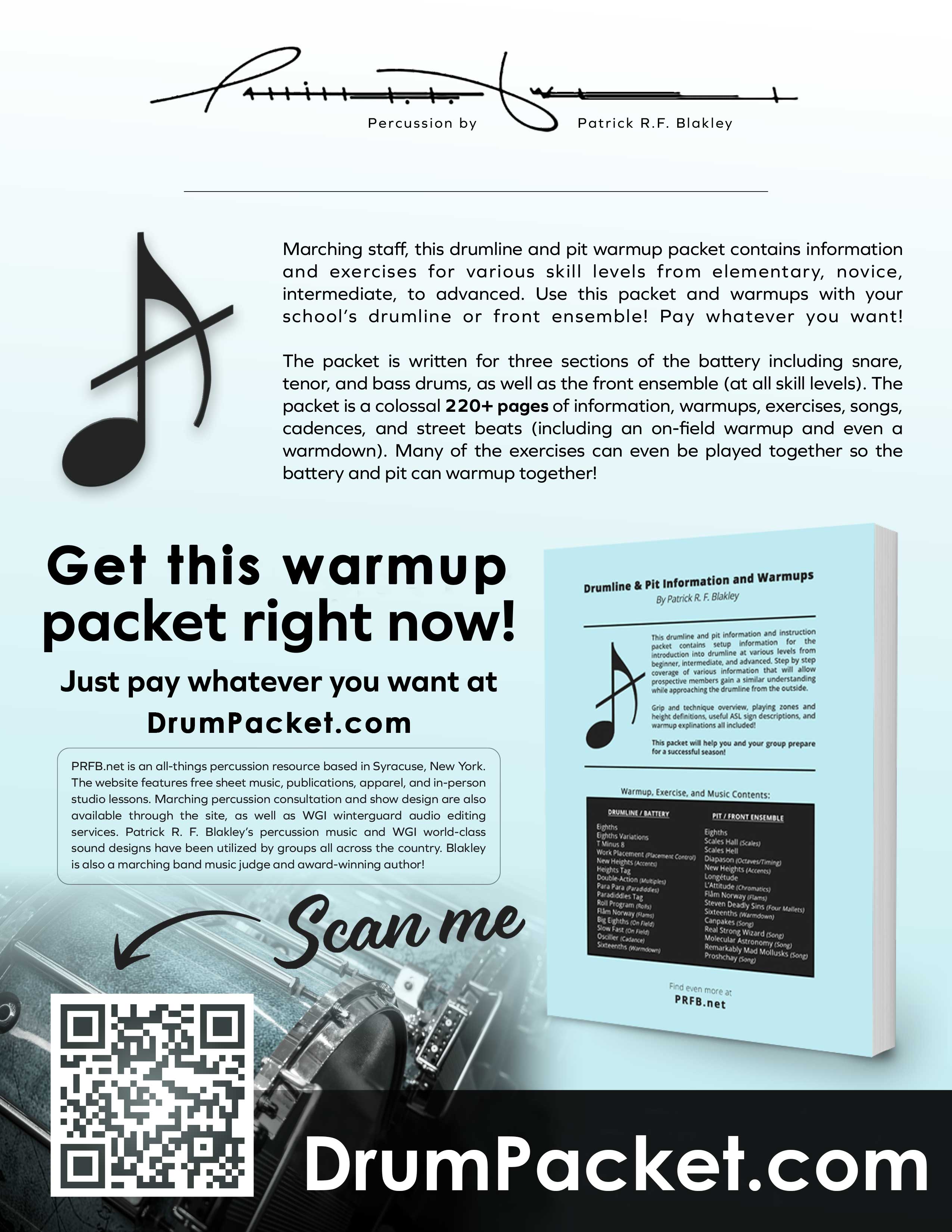 DrumPacket.com flyer for drumline music!