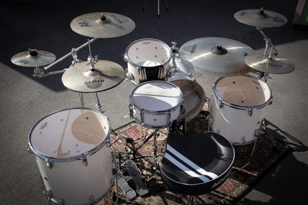 White Noise drum set from the back left side