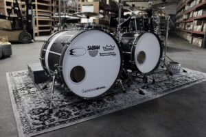 Time Machine drumset bass drum logo view