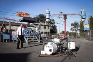 Patrick Blakley with drumset at Sylvan Beach